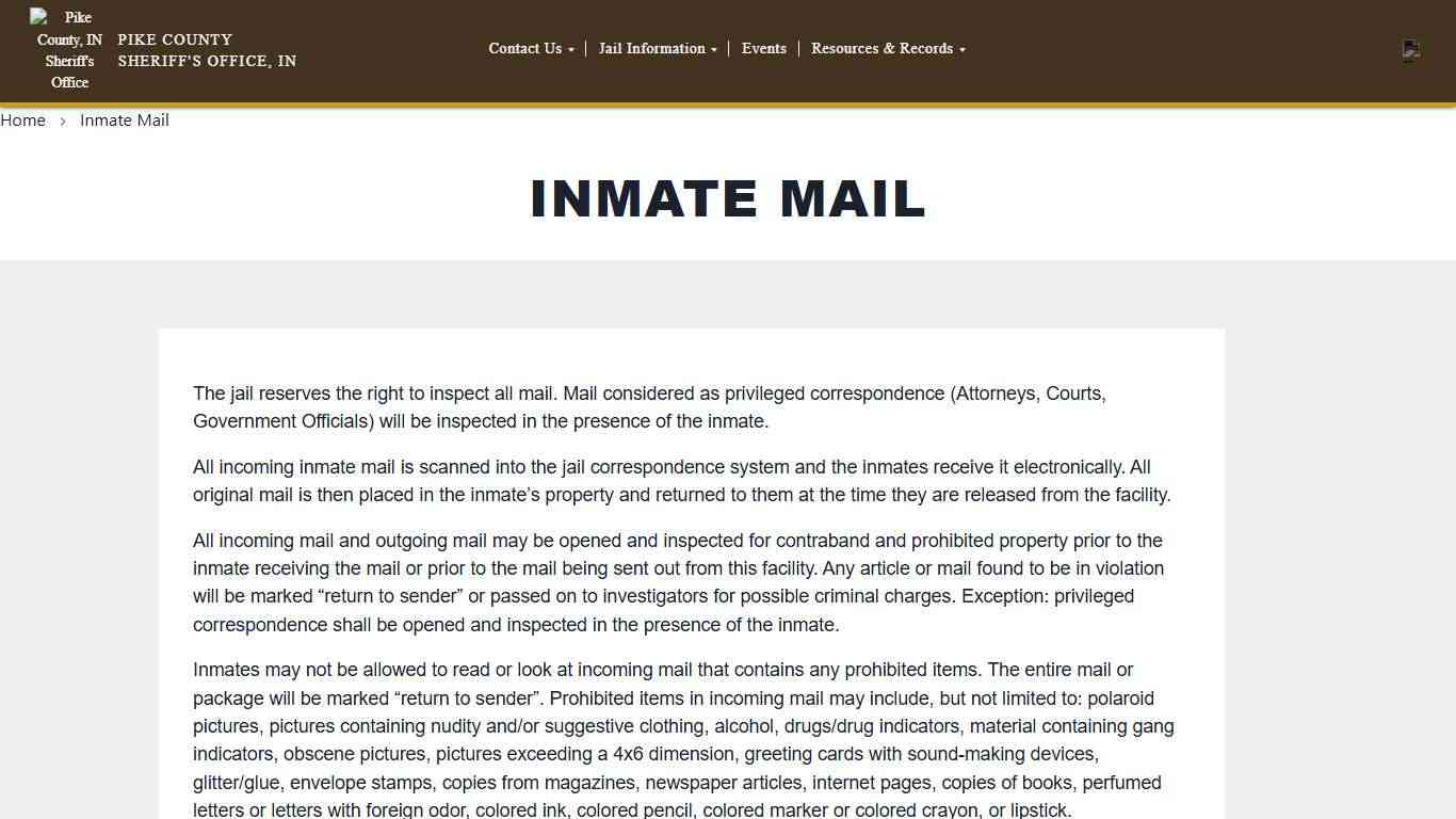 Inmate Mail Pike County Sheriff Office, IN